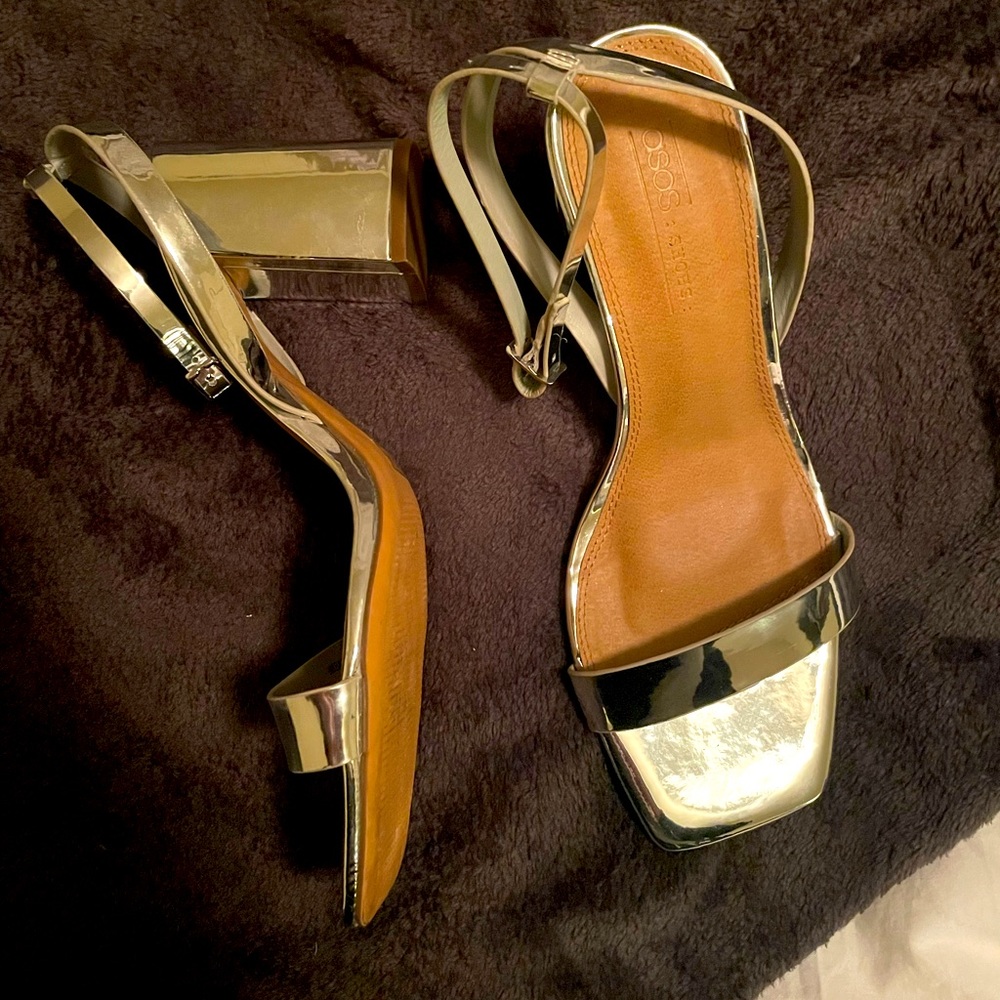 Worn Once ASOS Wide Fit 3”  block heeled sandals in silver. Size 10 wide.